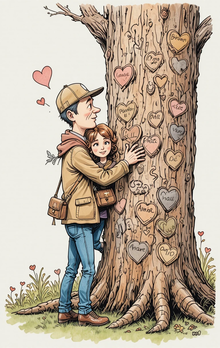 Pareja de dibujos animados tallando corazones en un árbol romántico