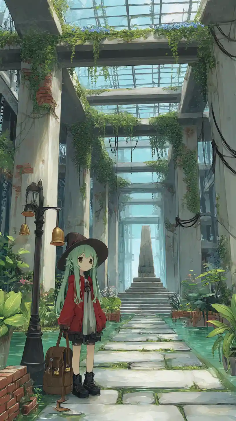 Serra in stile anime con piante esotiche e sentiero in cemento