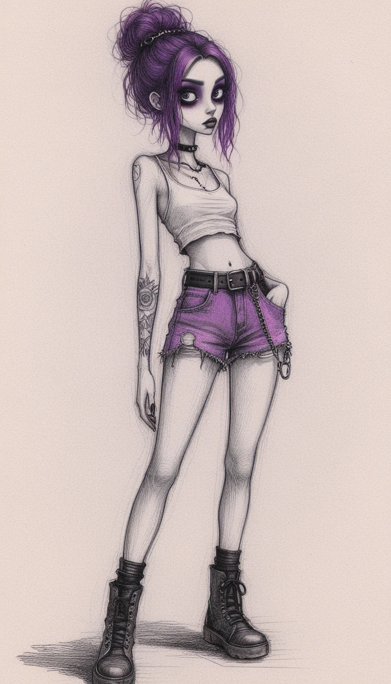 Retrato de chica gótica con ojos grandes en dibujo a lápiz