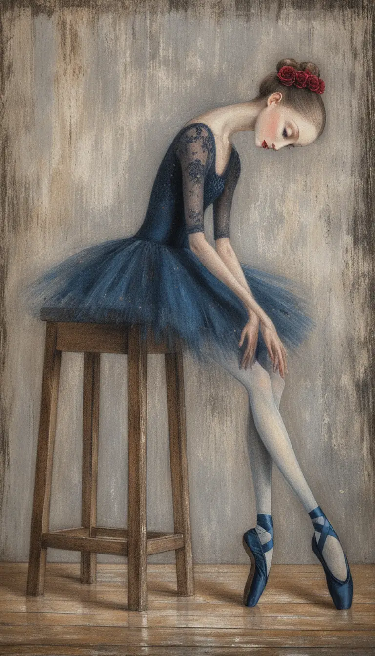 Melancholic ballerina on worn wooden stool in dark studio