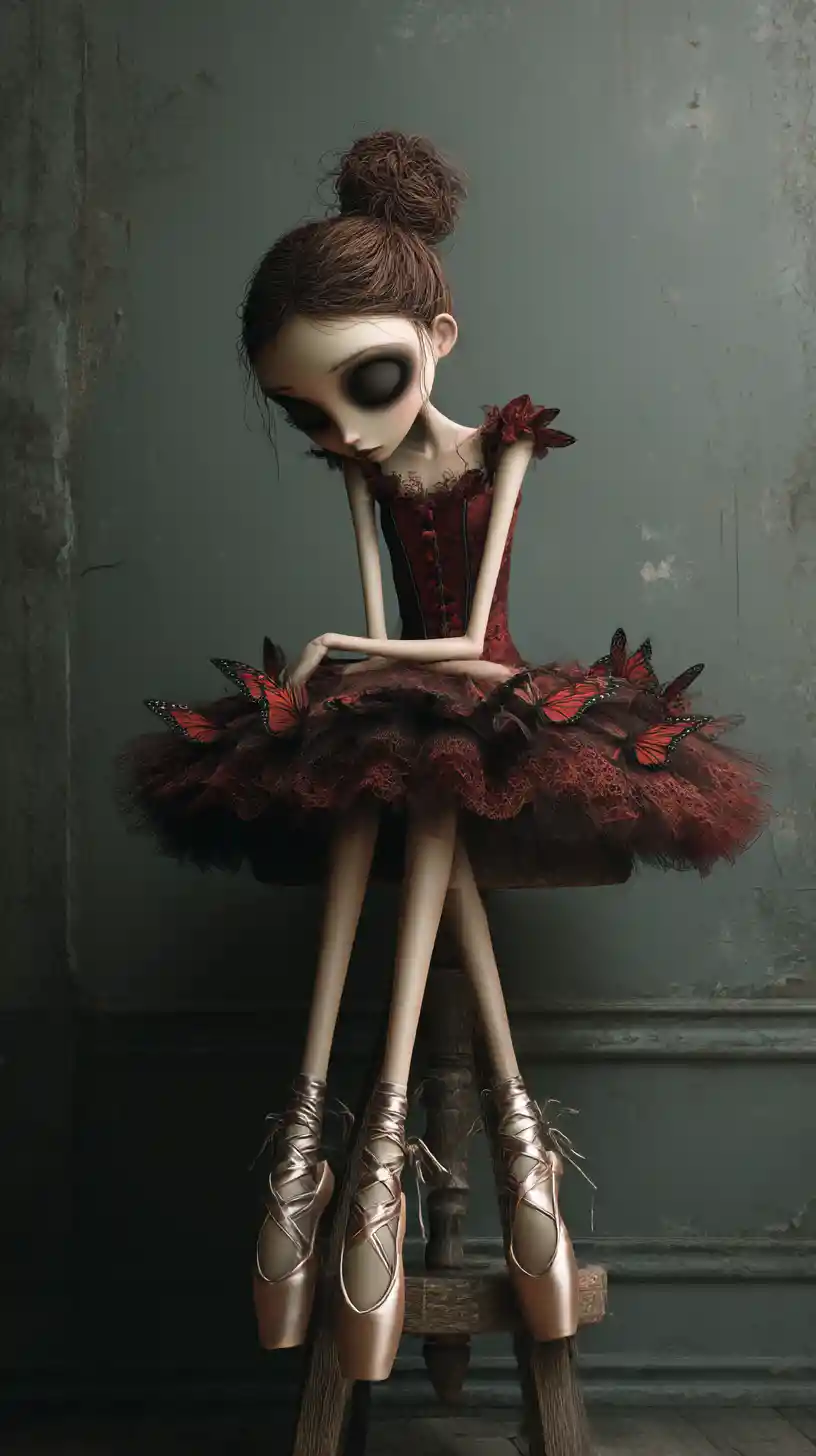 Gothic ballerina on a worn wooden stool in decayed room