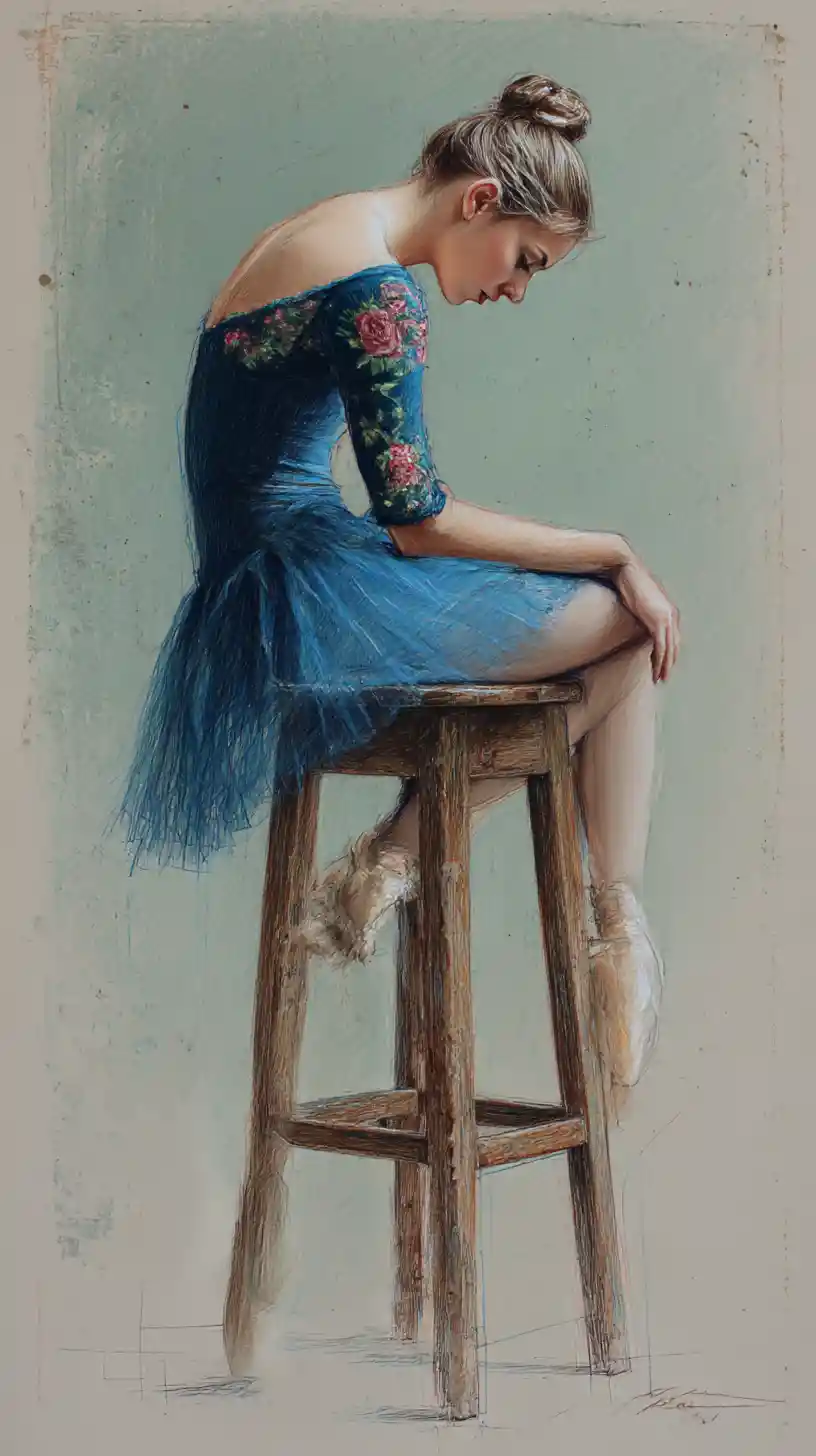Young ballerina resting on a worn wooden stool