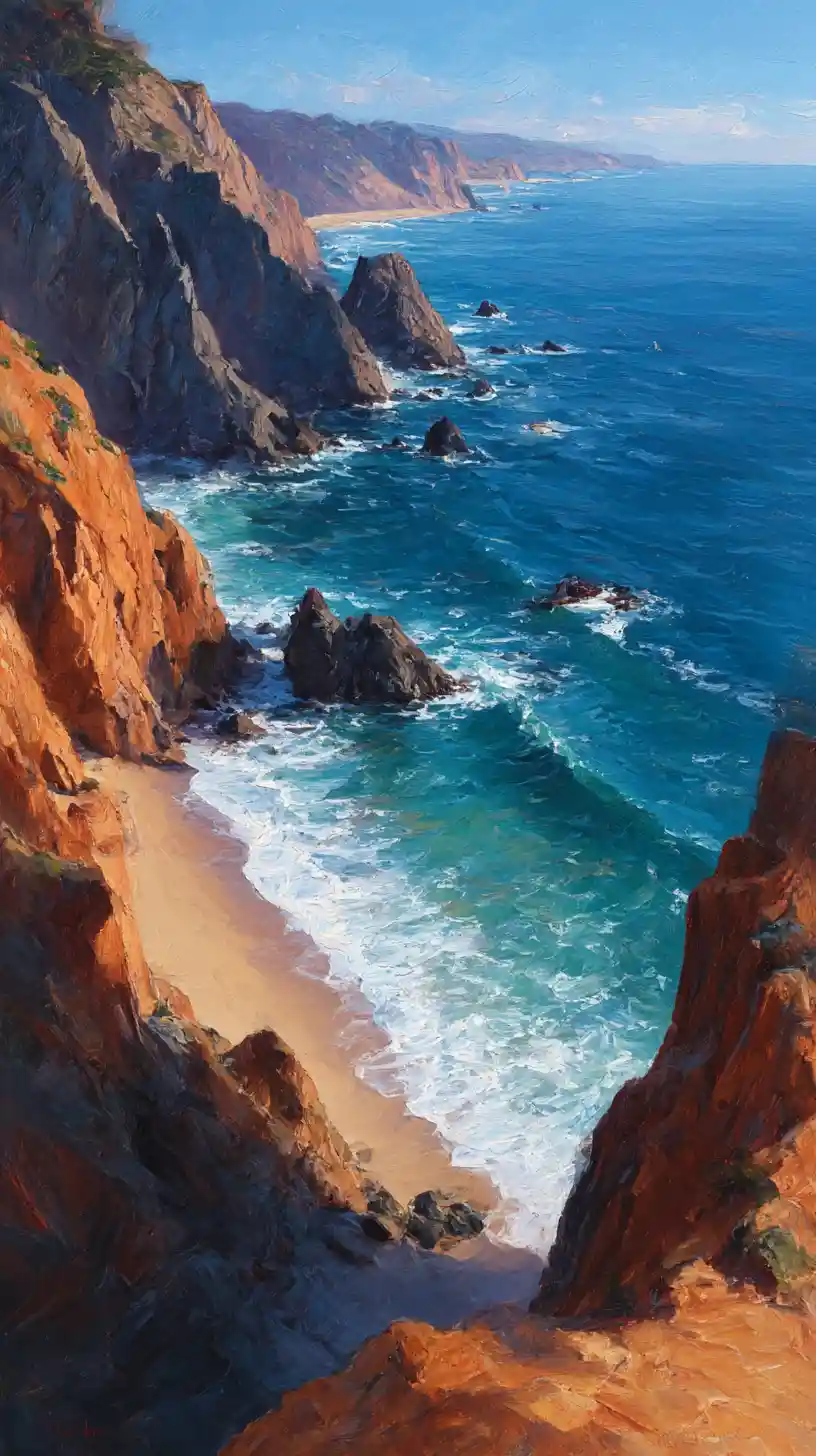 High angle oil painting of rugged coastal shoreline