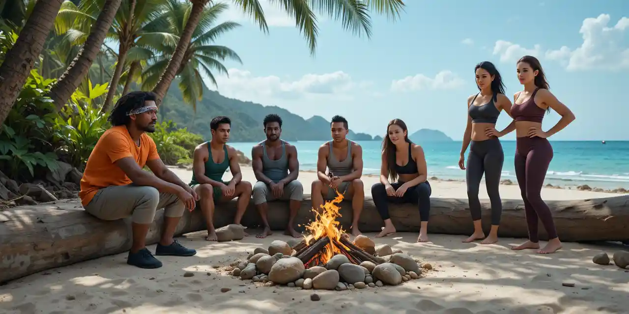 Friends gathered around a campfire on a tropical beach