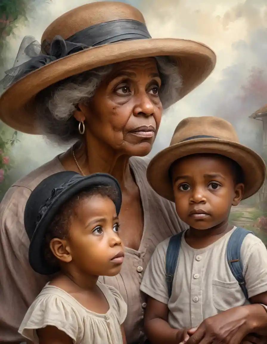 Retrato contemplativo de mujer negra anciana con niño