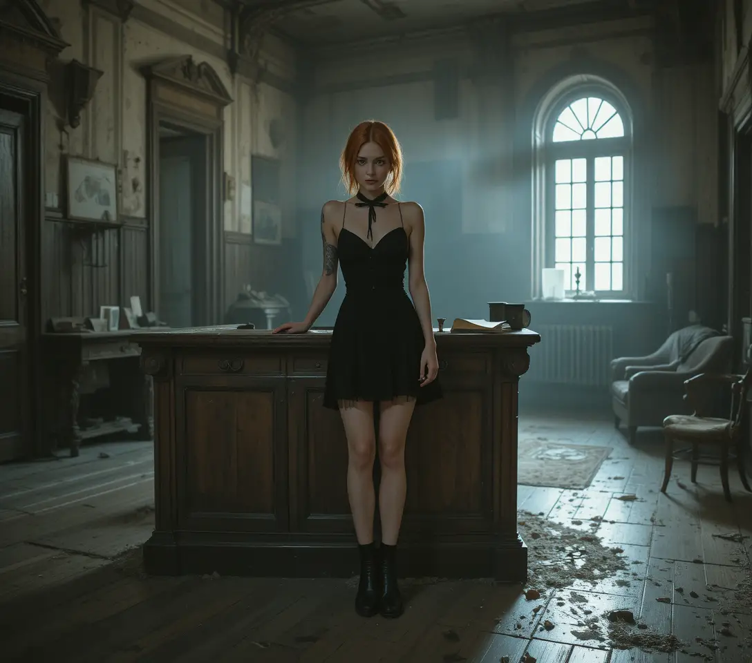 Tattooed red haired woman in black dress in hotel lobby
