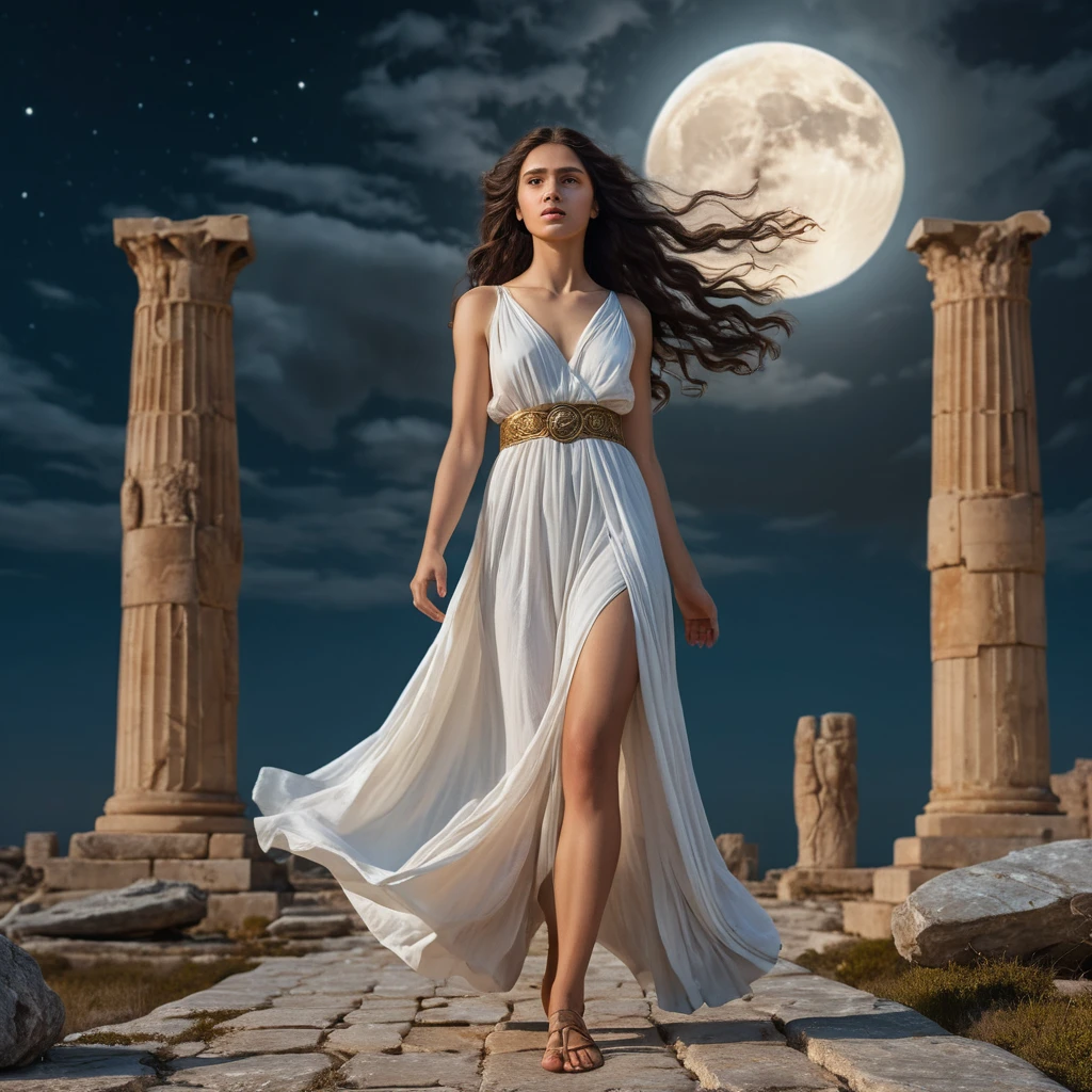 Diosa a la luz de la luna junto a las ruinas de una antigua encrucijada