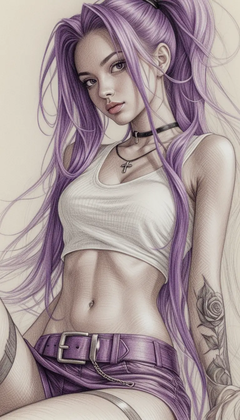 Confident purple haired girl in colored pencil portrait
