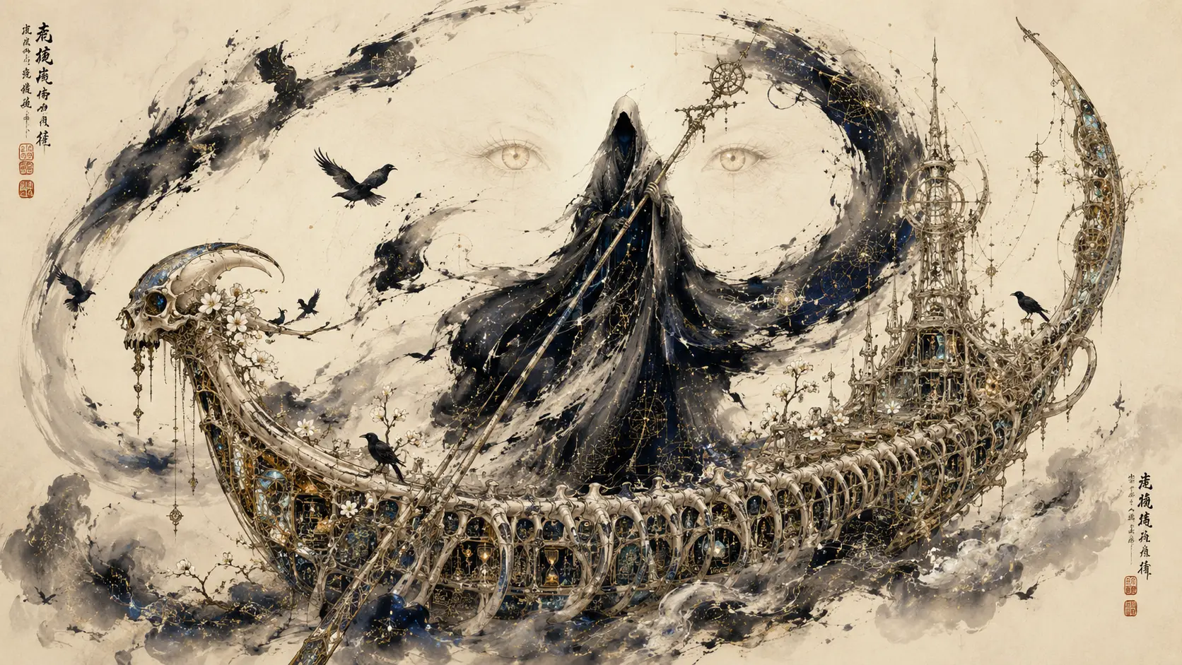 Elegant ink psychopomp forming from six sweeping brushstrokes