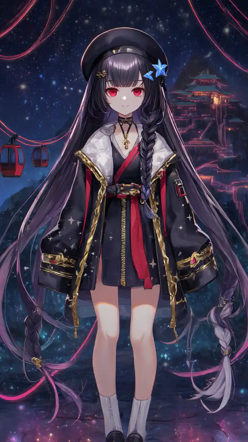 Chica de anime siniestra con pelo negro y chaqueta con ribetes dorados