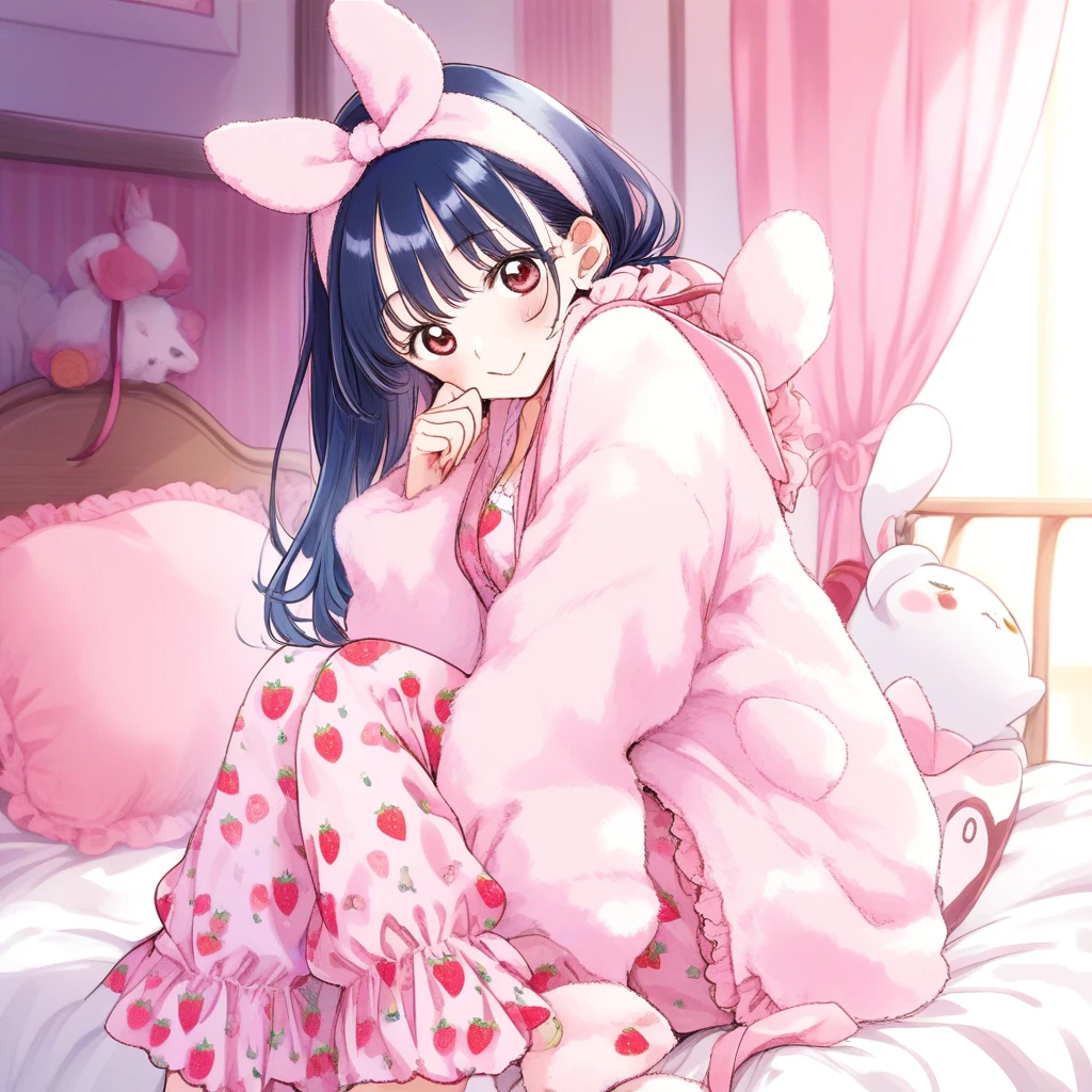 Chica de anime en pijama rosa pastel relajándose en la cama