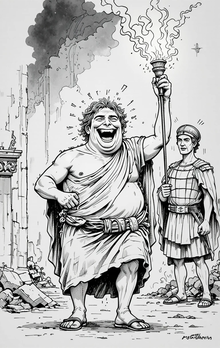 Imperador romano em desenho animado com tocha e lira em cena caótica