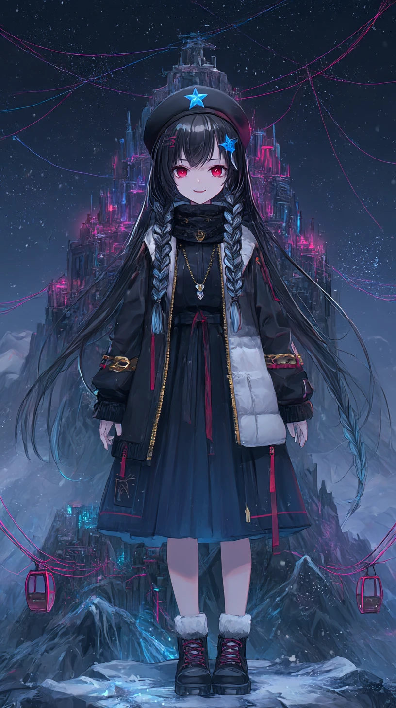 Chica de anime oscura con cuerdas y ciudad neón de fondo