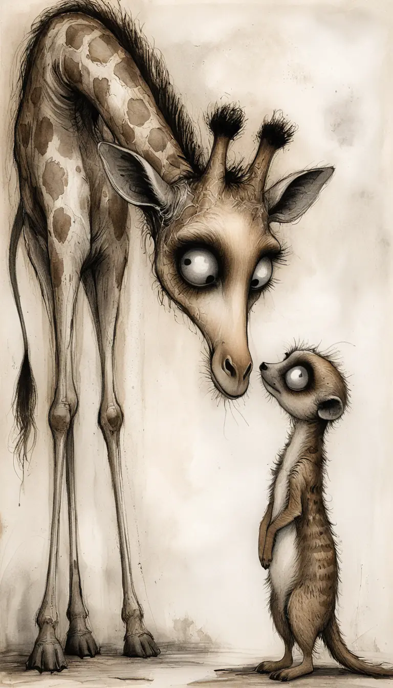 Surreal ink giraffe and meerkat staring on aged paper