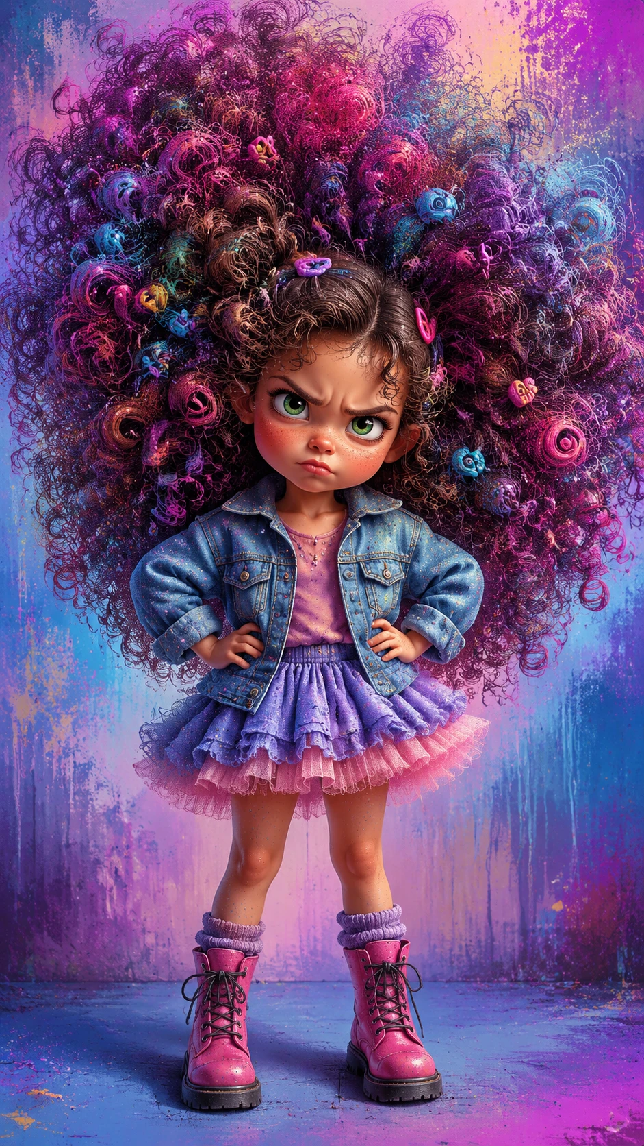 Niña pequeña con enorme cabello rizado y puchero molesto
