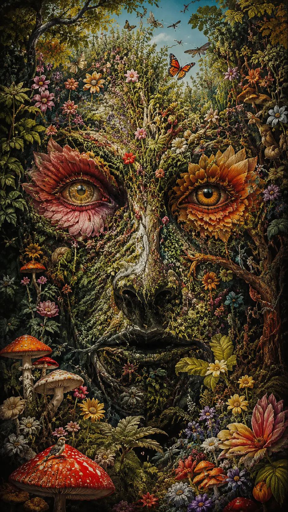 Jardín botánico surreal que forma un rostro oculto y misterioso