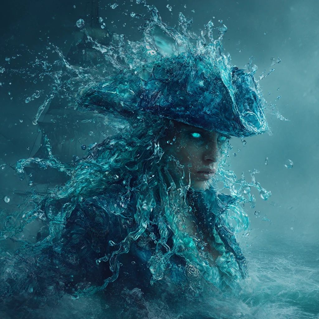 Mujer Pirata de Agua Turquesa Surgiendo del Mar Tempestuoso