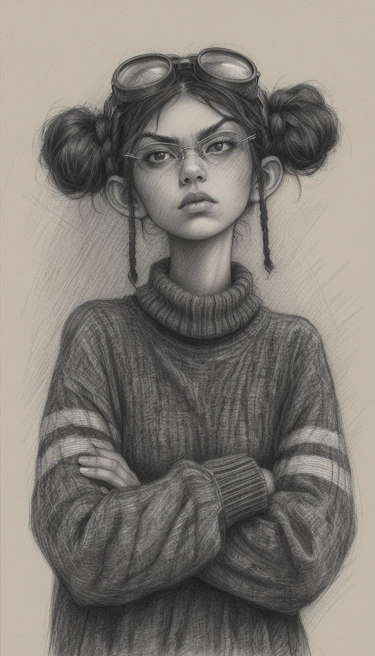 Retrato a lápiz sombrío de una chica rebelde con gafas