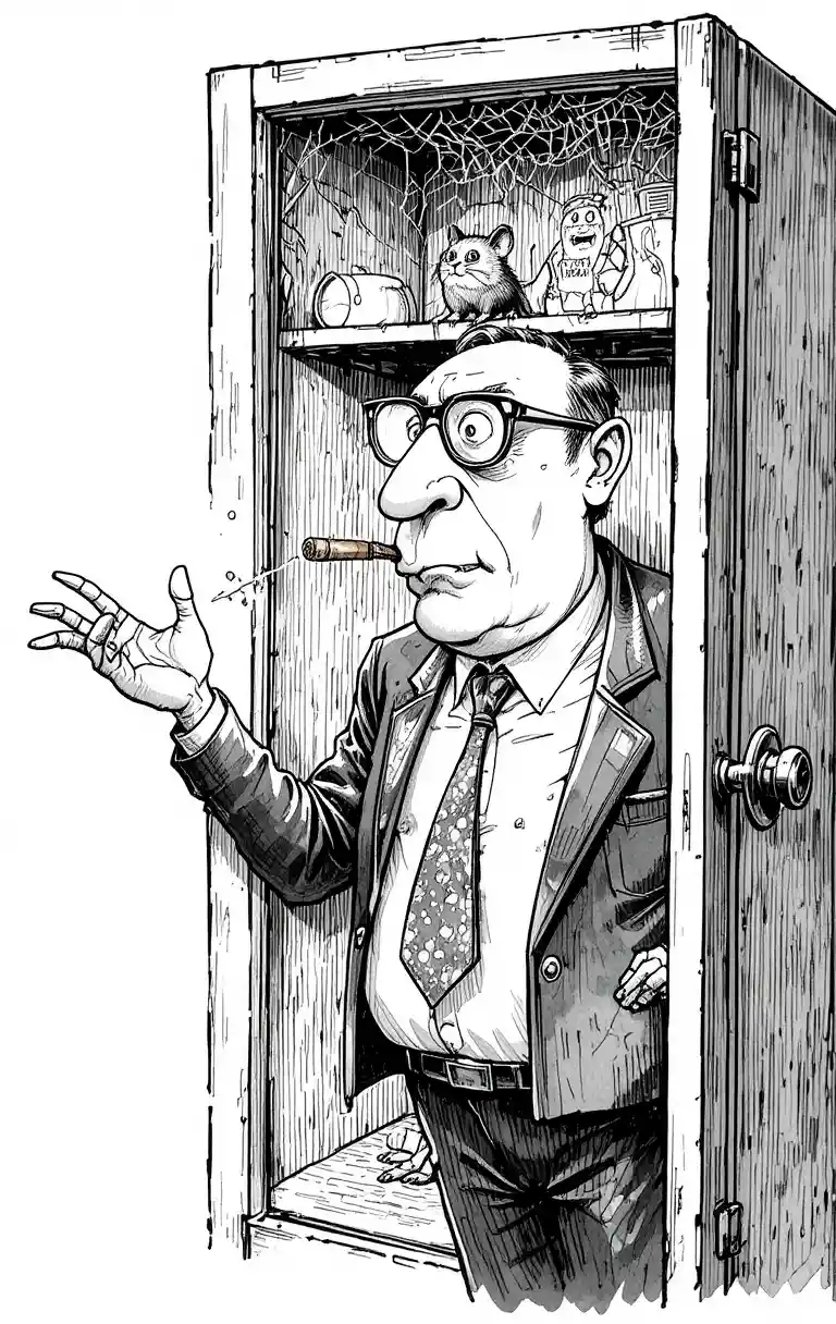 Humorous cartoon businessman at empty cobweb filled cabinet