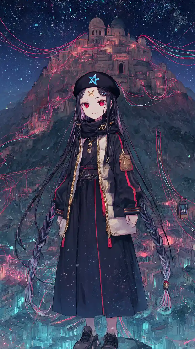 Chica de anime oscura con chaqueta atada con cuerdas y sonrisa siniestra