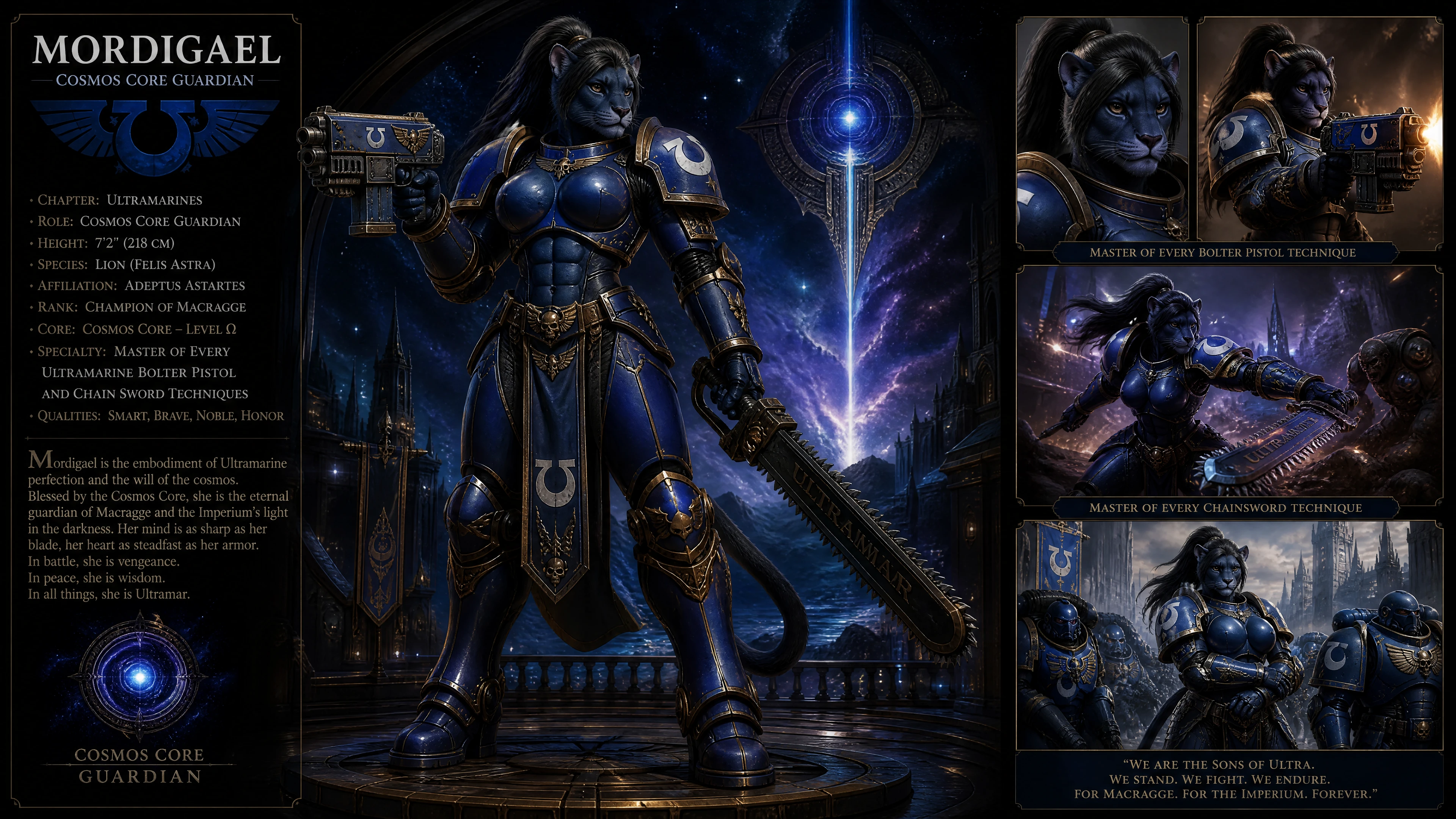Alta guerrera leona con armadura cósmica ultramar