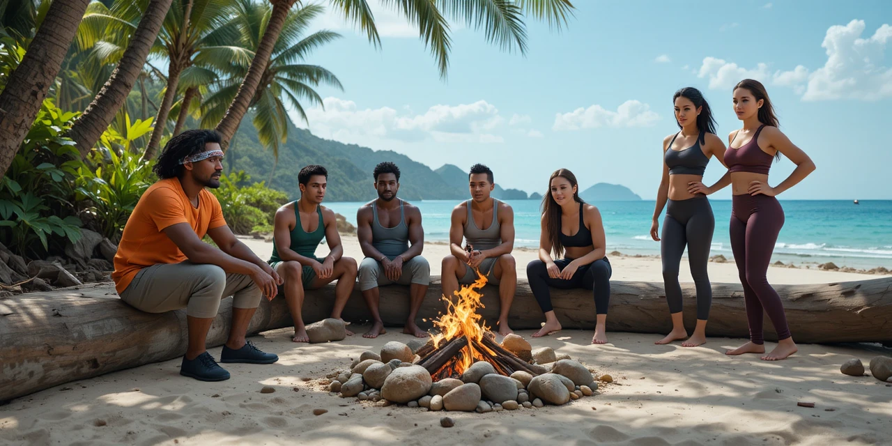 Amigos reunidos alrededor de una fogata en una playa tropical