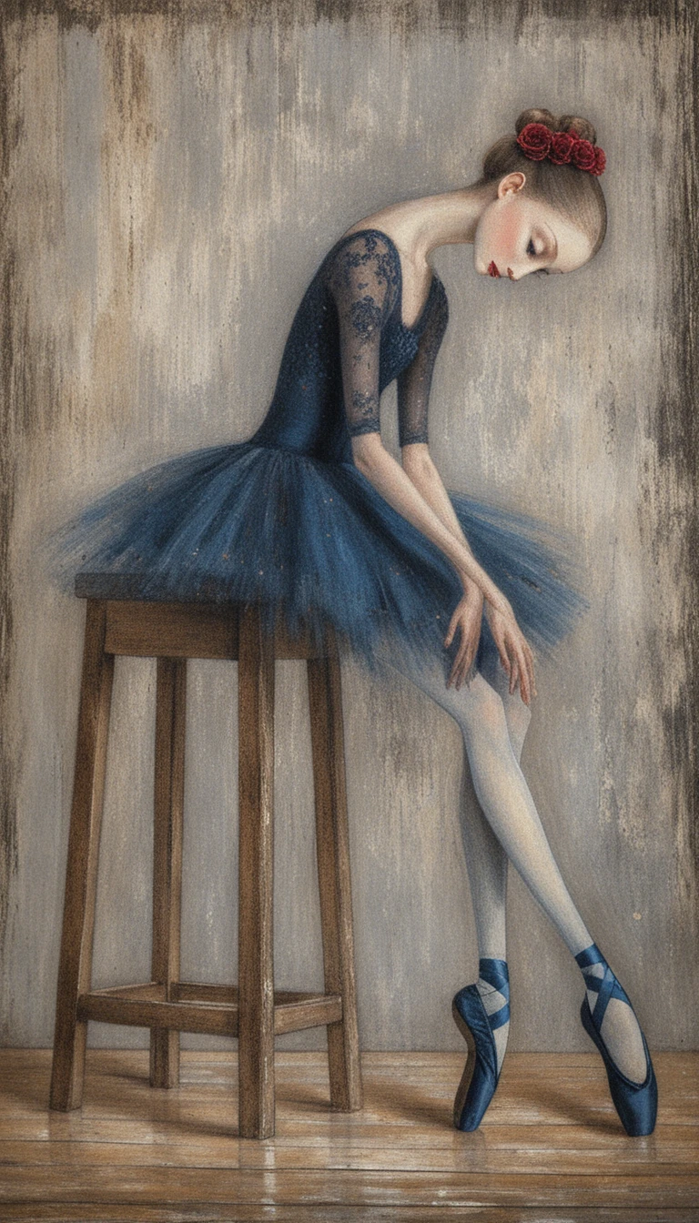 Bailarina melancólica sobre taburete de madera desgastado en estudio oscuro