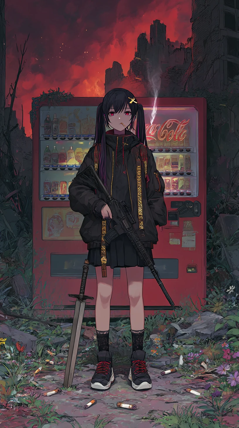 Chica de anime apuntando un rifle en una zona de guerra en llamas