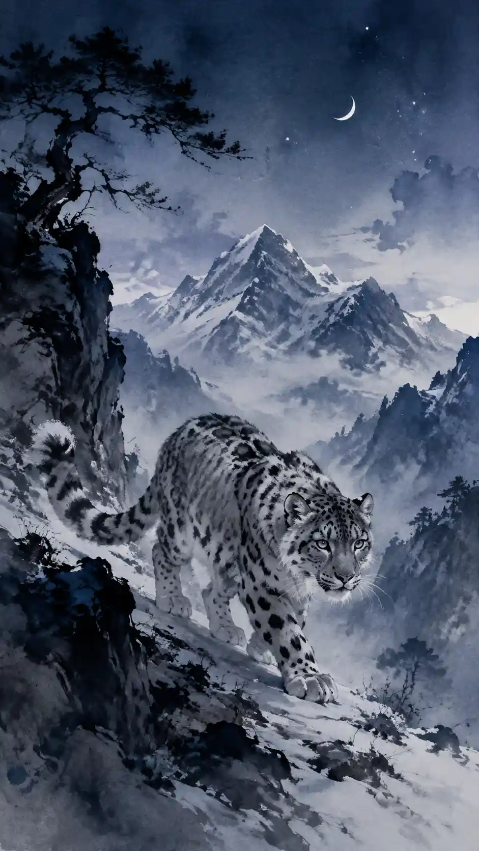 Snow leopard crossing a misty Himalayan mountain pass