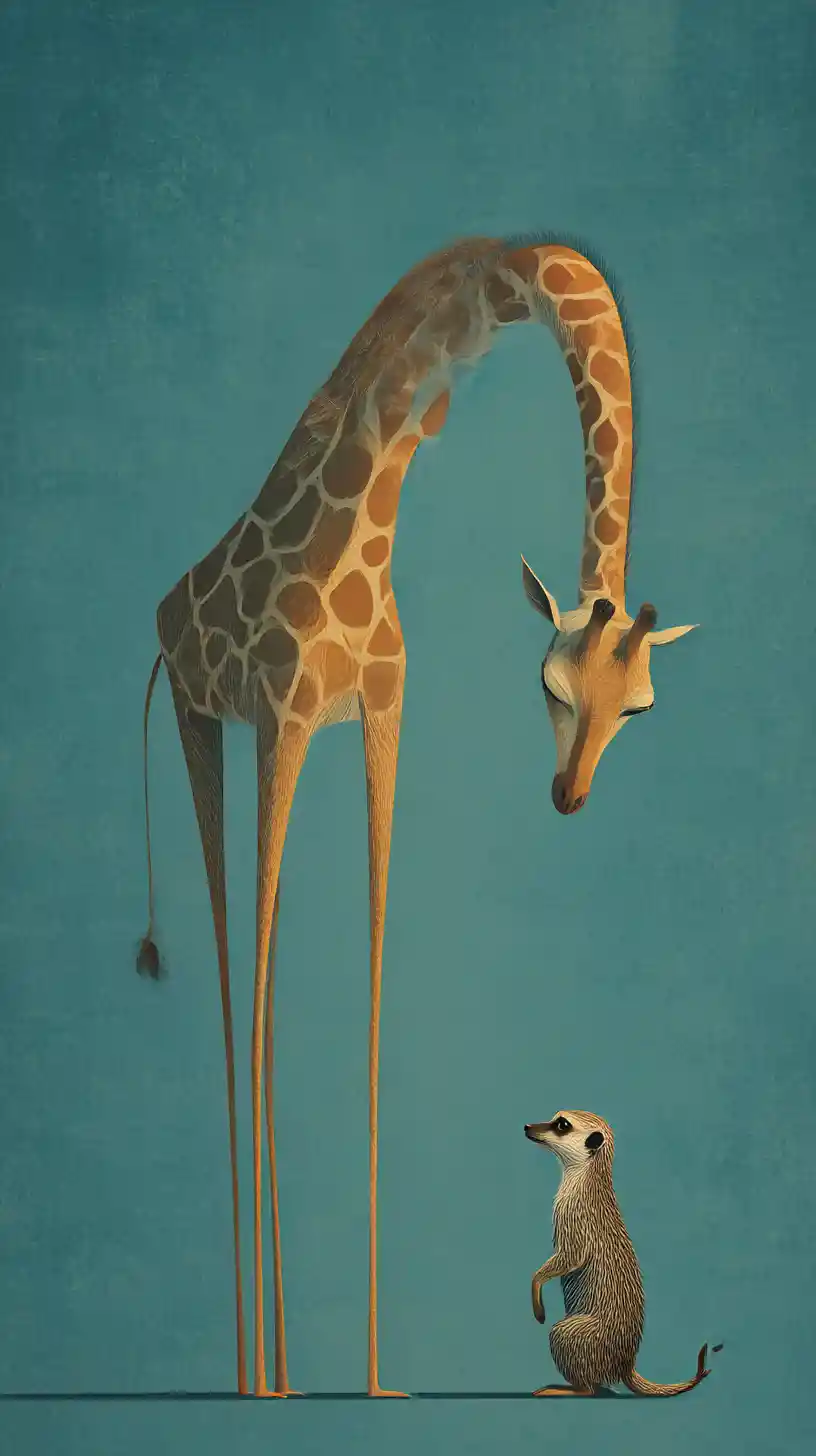 Minimalist surreal giraffe meeting a curious meerkat