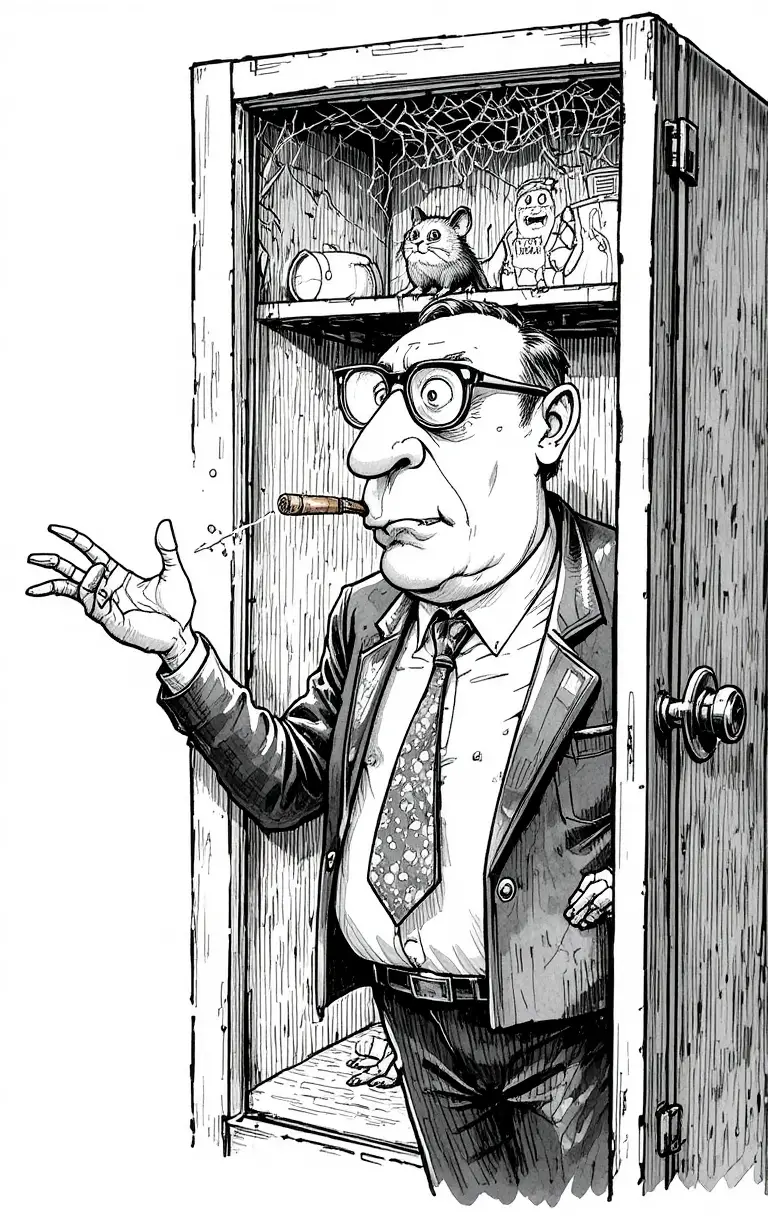 Humorous cartoon businessman at empty cobweb filled cabinet
