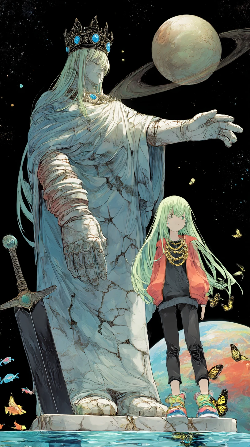Chica de anime junto a una colosal estatua de mármol bajo una luna inmensa