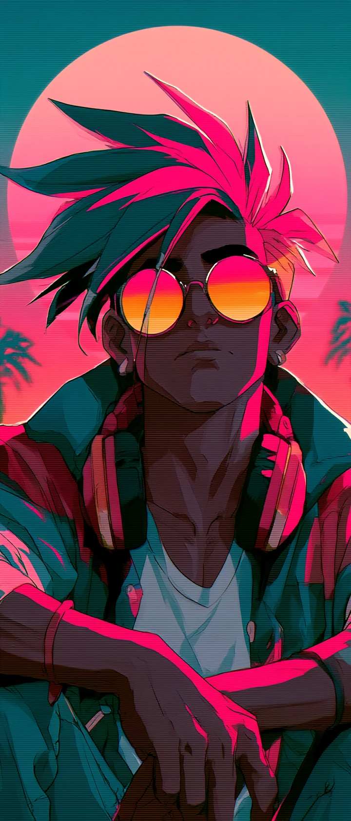 Héroe de anime genial al atardecer neón con gafas de sol reflectantes