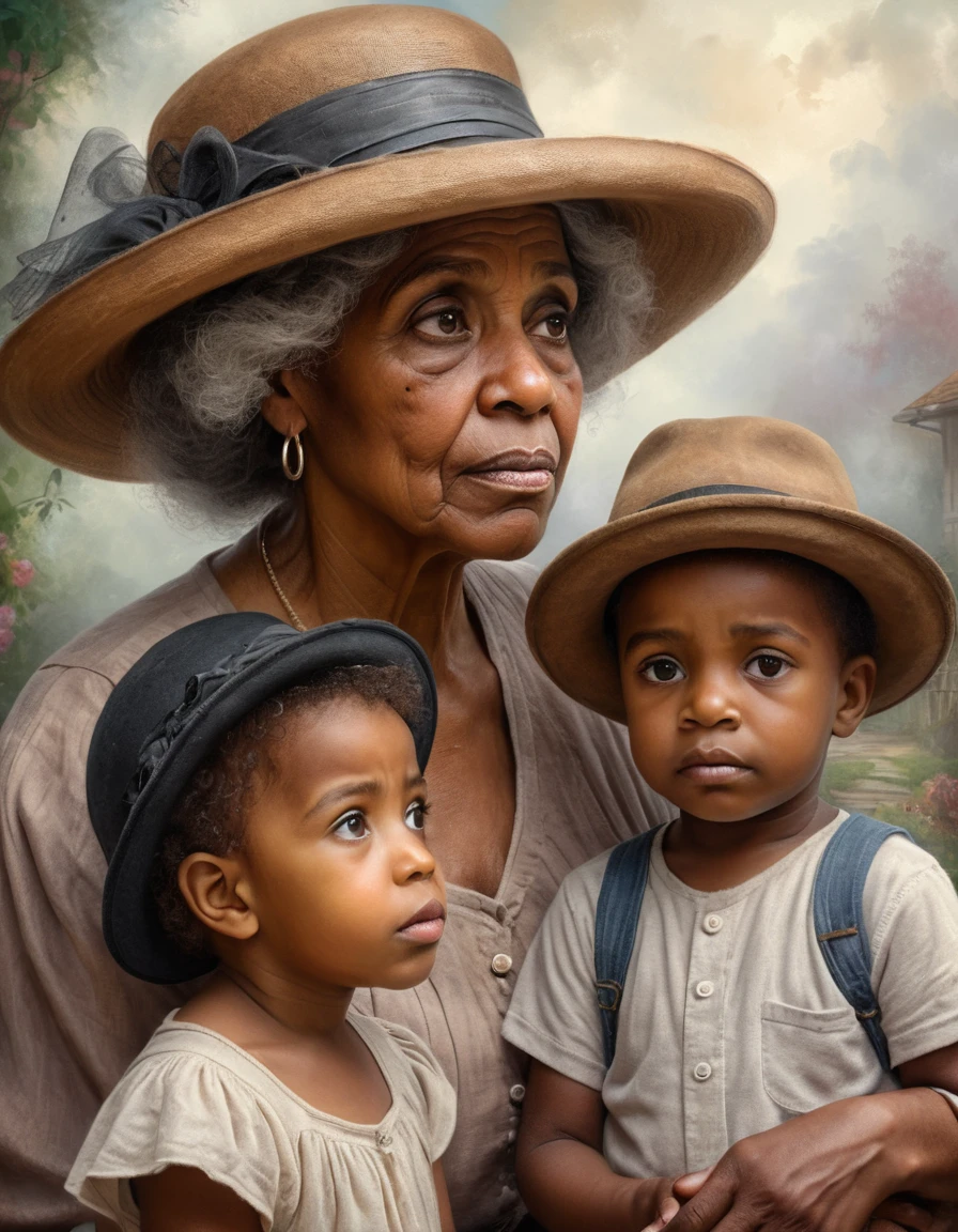 Retrato contemplativo de mujer negra anciana con niño