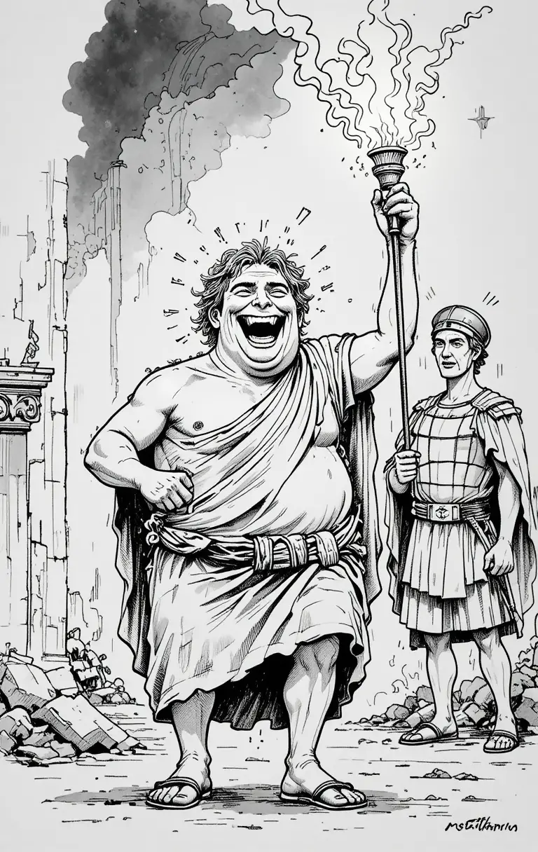 Cartoon Roman emperor with torch and lyre in chaotic scene