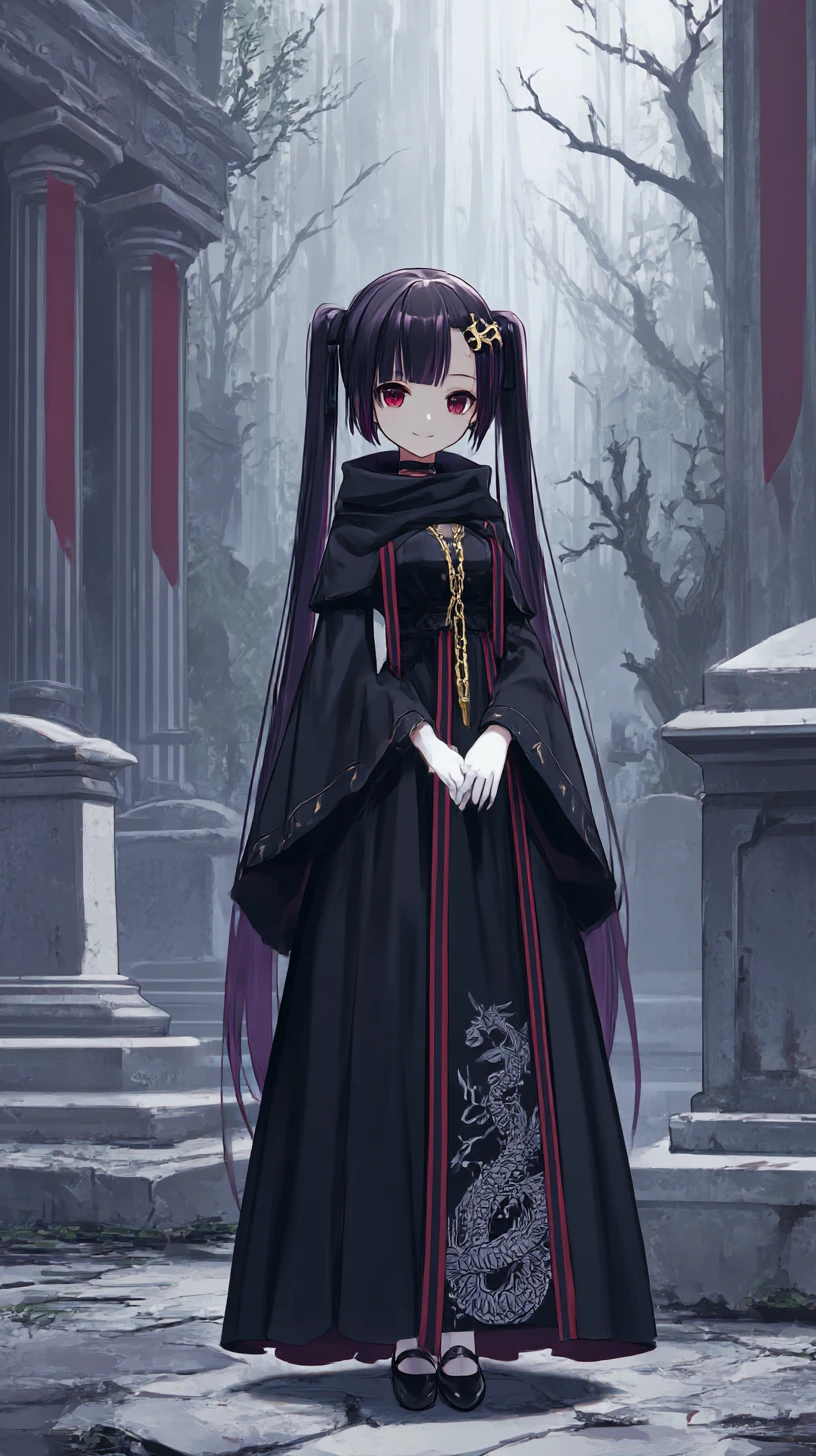 Chica de anime siniestra con chaqueta y falda negras ornamentadas