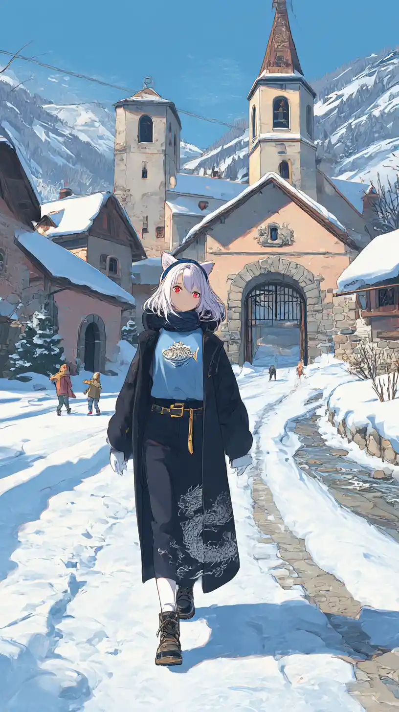 Chica de anime caminando por un pueblo nevado hacia una gran mansión