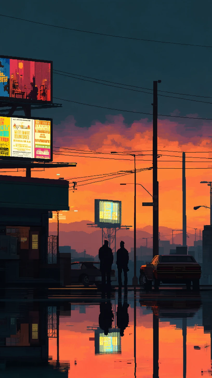 Restaurante pixelado en una calle neón de la ciudad al atardecer dramático
