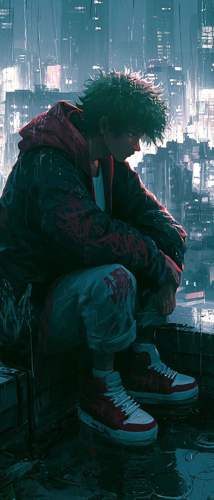 Eroe anime streetwear su un rooftop piovoso di Tokyo di notte