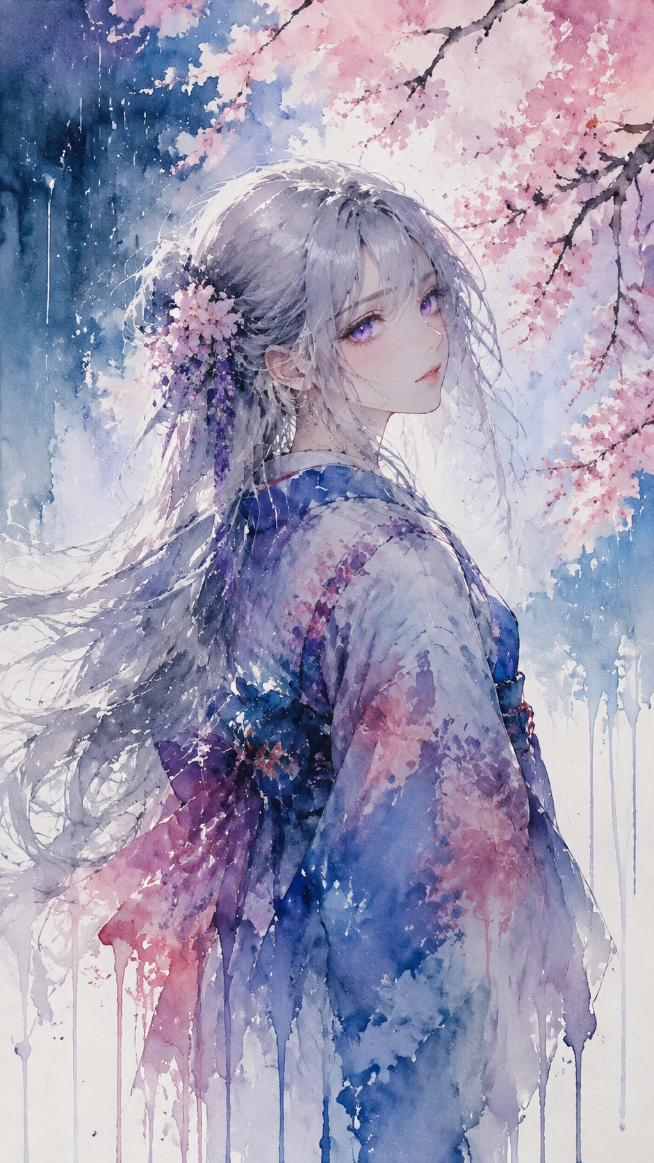 Chica de anime con kimono plateado bajo la suave lluvia de primavera