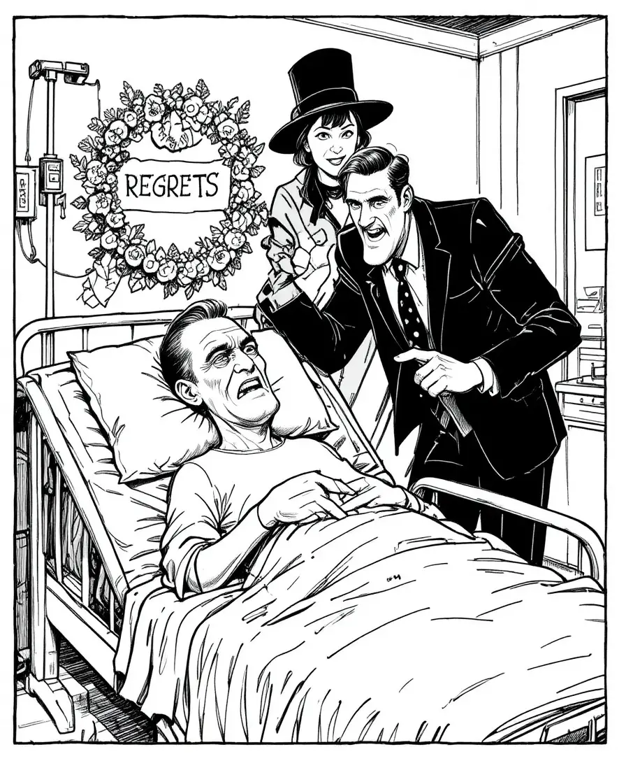 Caricatura satírica de hospital con paciente enfermo y visitantes codiciosos