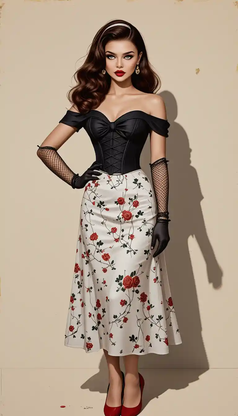 Confident red haired pin up woman in vintage 1950s dress