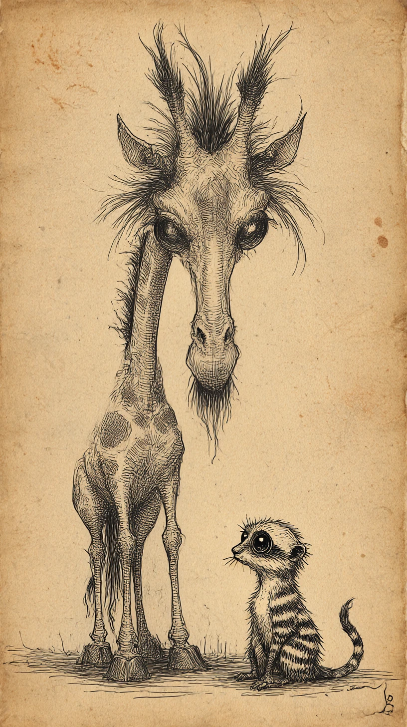 Eerie ink giraffe and meerkat on aged parchment paper