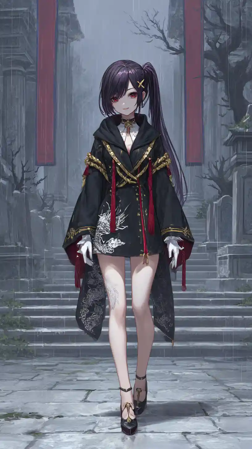 Chica de anime con aura oscura y elaborado atuendo de fantasía