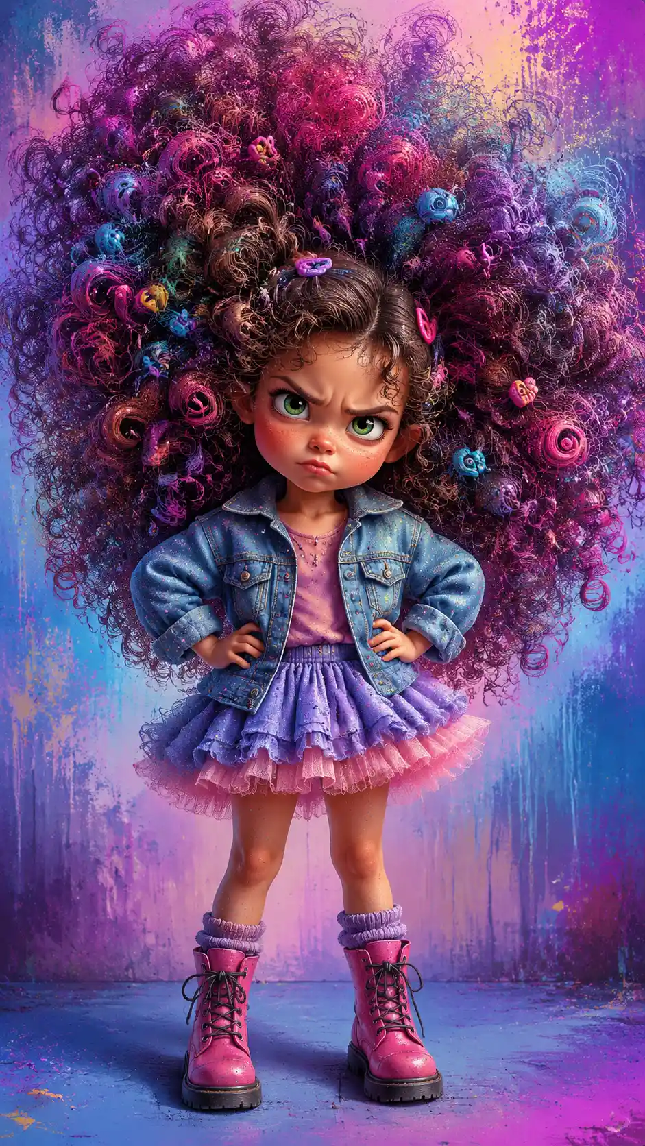 Little girl with huge curly hair and annoyed pout