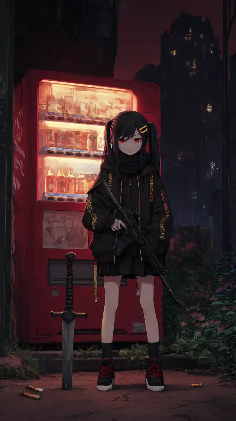 Chica de anime cansada fumando junto a una máquina de refrescos de neón por la noche