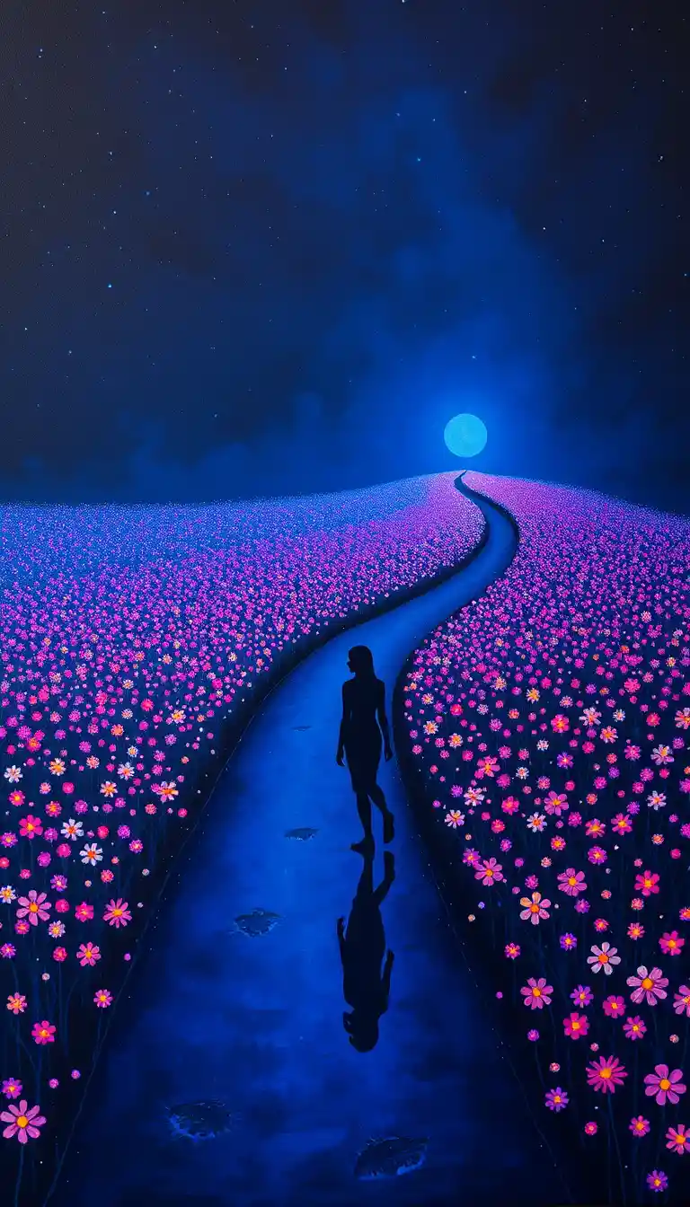Mujer caminando sola por un sendero luminoso en un jardín nocturno