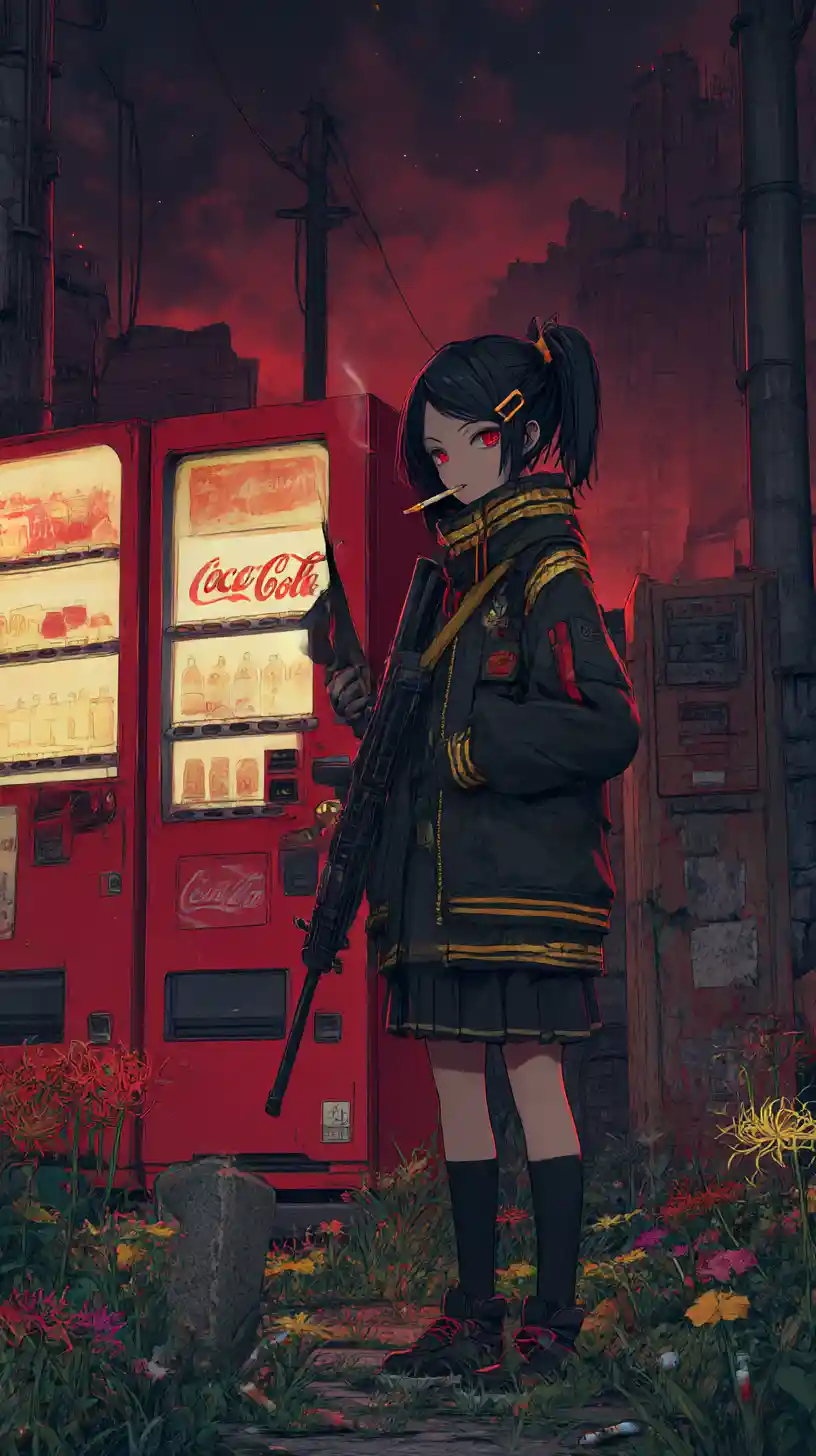 Anime-Mädchen zielt mit einem Gewehr in einer zerstörten Kriegszone