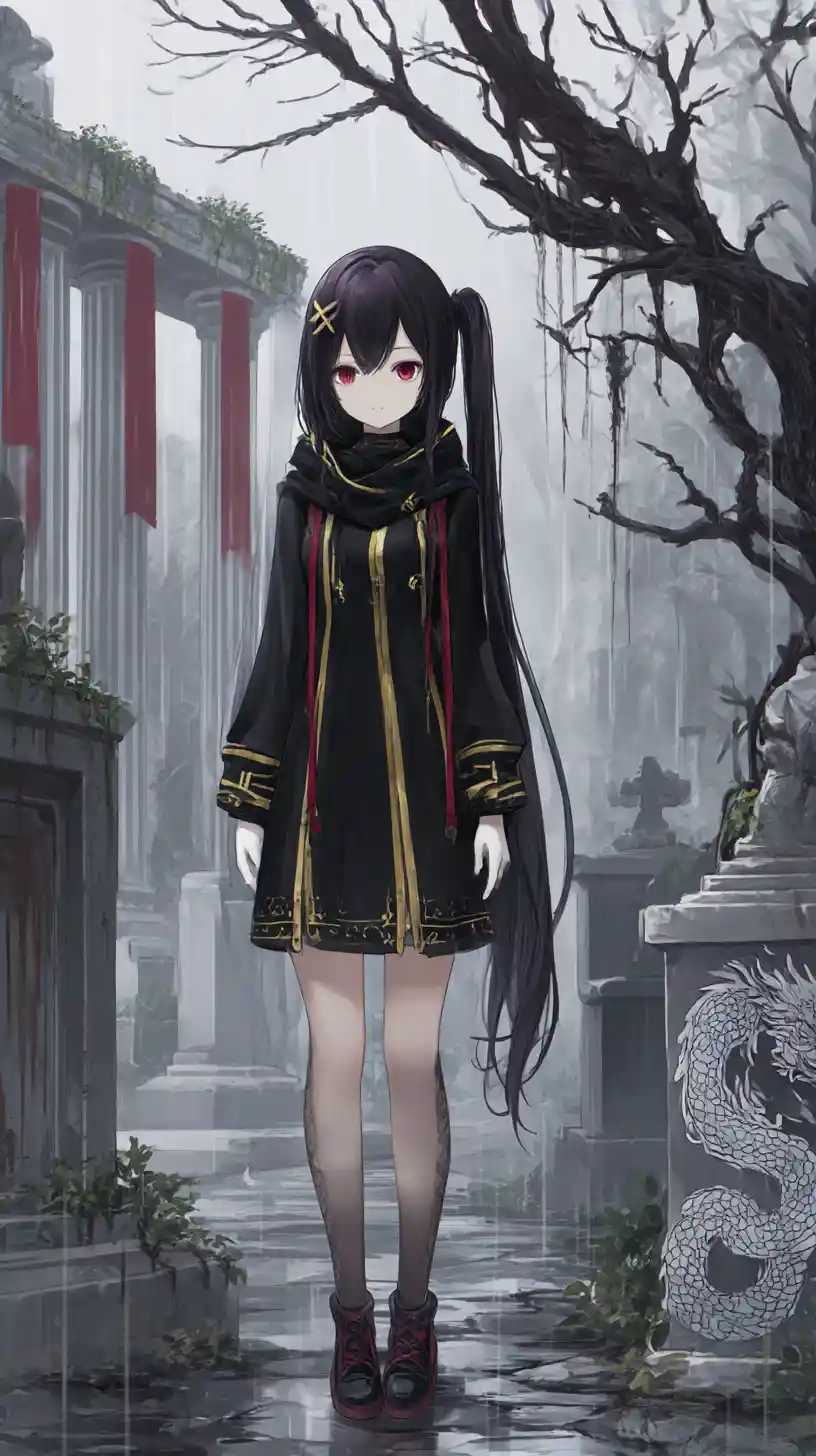 Fille d’anime sinistre avec cordes et étoiles en tenue sombre