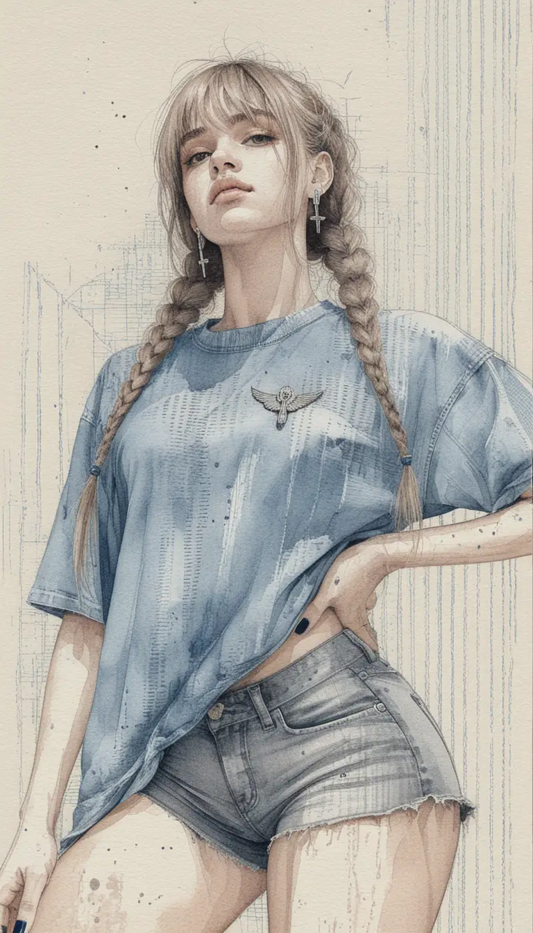 Chica segura de sí misma en dibujo a tinta con columnas clásicas